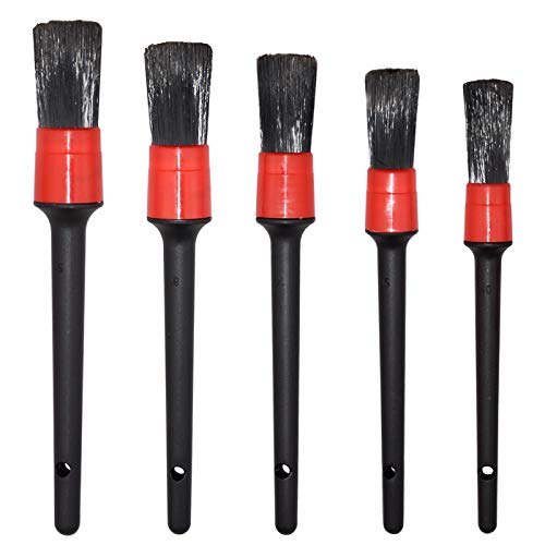 Detailing Brush Set -5 Different Sizes Premium Natural Boar Hair Mixed Fiber Plastic Handle Automotive Detail Brushes for Cleaning Wheels, Engine, Interior, Air Vents, Car, Motorcy - color: Red