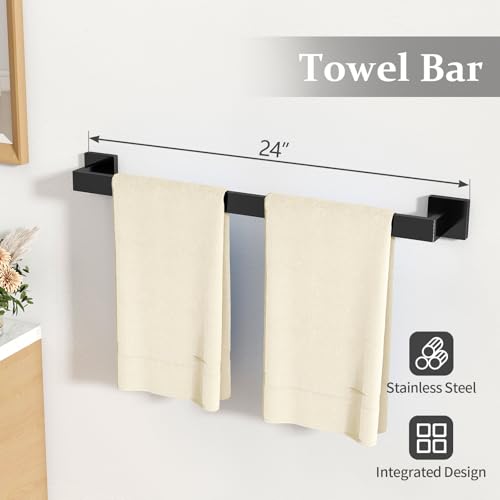 STWWO 10-Piece Matte Black Bathroom Hardware Accessories Set | 24 inch Towel Bar, Stainless Steel Towel Racks for Bathroom, Bath Towel Bar Set Wall Mounted - color: Matte Black, size: 24 inch-10pcs