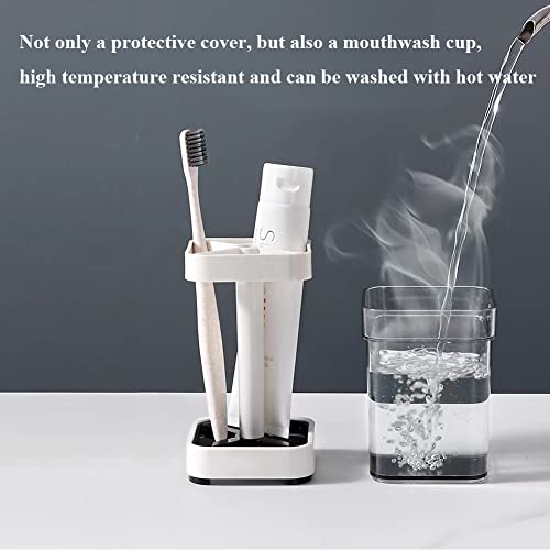 Toothbrush Holder with Cup/Cover Contains 3 Slots, Compatible with Conventional Toothbrushes, Can Store Toothpaste (Rectangle) - color: Cream Color A(vertical)