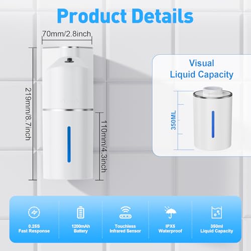 Fantictas Automatic Soap Dispenser,Touchless Hand Wall Mount Rechargeable 3 Gear Adjustable Electric Soap Dispenser 350ml with Infrared Motion Sensor for Bathroom,Kitchen,Office, White Foam - color: White, style: Foam