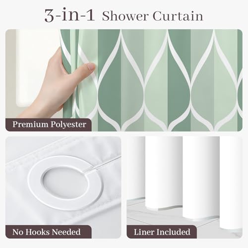 Yiatn No Hook Dark Green Double Shower Curtain with Snap in Fabric Liner Set - Hotel Style with See Through Mesh Top Window, Modern Geometric Waterdrop Design,Waterproof and Washable, 71x74 INCH - color: Dark Green, size: 71"W x 74"L (Pack of 1)