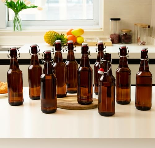 16.5oz Amber Beer Bottles with Flip Caps Set of 10, Swinging Top Glass Brewing Bottles with Airtight Lids for Vanilla Extract, Fermentation Kombucha, Beverage, Water, Kefir, Soda