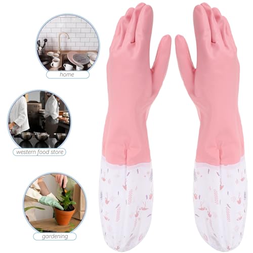 YARNOW Reusable Waterproof Flocked Thickened Rubber Gloves for Dishwashing and Household Cleaning, Large Size, Pink and Green, 4pcs Set, Insulated for Kitchen and Laundry Use