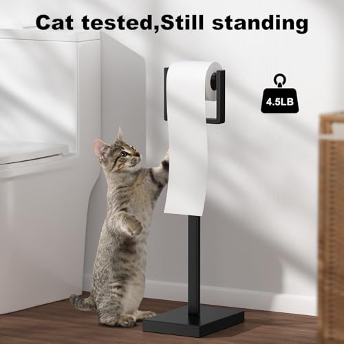 Black Toilet Paper Holder Stand，Stainless Steel Toilet Paper Holder Free Standing，Stable Weighted Base Floor Tissue Roll Holder for Bathroom，Modern Pivoting Toilet Paper Stand - color: Black