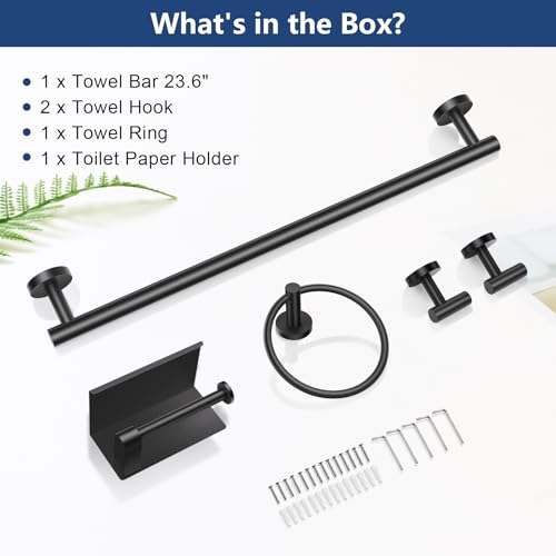 TQKAG 5 Piece Bathroom Towel Bar Holder Sets Matte Black Bathroom Hardware Set Stainless Steel Toilet Paper Holder with Shelf Bathroom Accessories Kit Wall Mounted - color: Matte Black, size: 5-Pieces Set-A