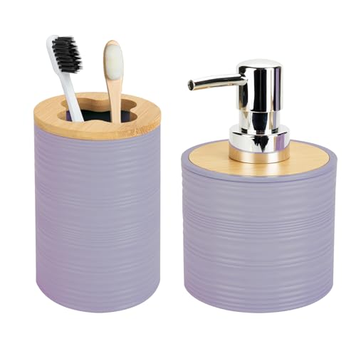 2 PCS Lavender Bathroom Accessories Set, Soap Dispenser and Toothbrush Holder Set, Plastics & Bamboo Bathroom Set, Bohemian Style Bathroom Sink Set - color: Lavender Purple, size: 2 PCS