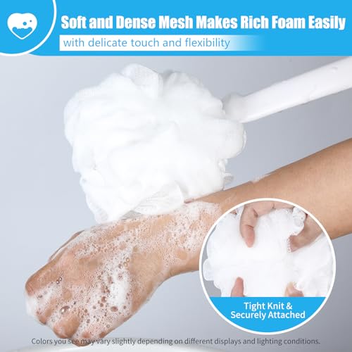 VANZAVANZU Loofah Sponge Set Back Scrubber for Shower, Anti-Slip Plastic 17" Handle Loofah on a Stick with Fluffy Shower Sponge, PE Soft Mesh Shower Loofahs-White with Blue Grip