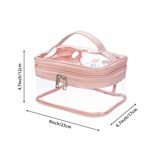 Double Layer Clear Cosmetic Bag Makeup Bag, Waterproof Travel Toiletry Bag, Transparent PVC Hair & Nail Accessories Pouch Beach Bag Organizer (Pink) - color: Pink
