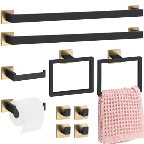 Gisafai 10 Pcs Black Gold Bathroom Hardware Accessories Set 23.6 Inch Bath Towel Bar Kit Stainless Steel Bathroom Hardware Set Towel Racks Ring Robe Hooks Paper Holder for Wall Mounted - color: Black Gold