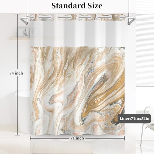 No Hook Shower Curtain with Snap in Liner 71x74 inch | Marble Abstract Design, Mesh Top Window, Hotel Style Fabric Shower Curtain, Water-Repellent Bathroom Curtain - color: Boho Gold Marble
