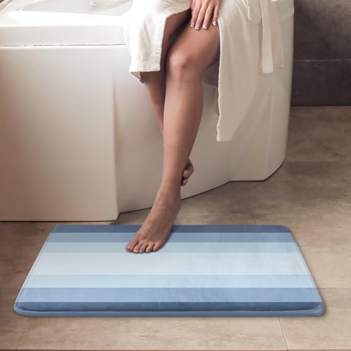 ArtSocket Blue Coastal Ombre Bathroom Set with Shower Curtain and Bath Rugs and Accessories, Striped Nautical Modern Non-Slip 3 Piece Set, 72"L x 72"W Curtain with 23.6"L x 15.7"W + 19.7"x 31.5" Rugs - color: Blue Ombre