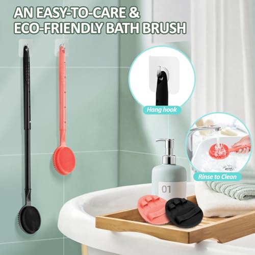 Silicone Back Scrubber & Soft Bath Glove 2PCS, 16''- 24'' Extendable Shower Scrubber with Dual-Side Head, 360° Anti-Slip & Hand-fit Silicone Body Scrubber for Rich Foaming Deep Cleaning(Black) - color: Black*2