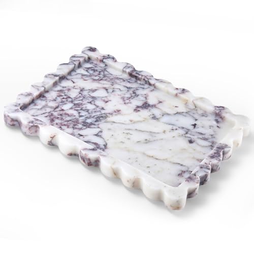 14" x 10" Large Genuine Calacatta Viola Scalloped Marble Tray, Pre-Sealed for Stain & Water Resistance, Luxury Decorative Trays for Vanity, Bathroom, Dresser, Coffee Table, Home Decor - color: Calacatta Viola