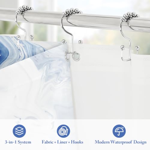 MitoVilla 3 in 1 Long Navy Blue Marble Shower Curtain Set-72 W x 78 H, Modern Ripple Shower Curtain and Waterproof Fabric PEVA Liner Set with 12 Stainless Steel Hooks - color: 3 in 1 - Navy, size: 72"W x 78"L (Pack of 1)