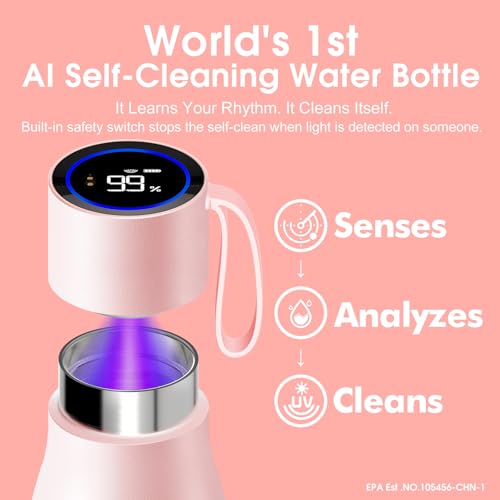 VSITOO S1 Pro 15oz Insulated Stainless Steel Self-Cleaning Water Bottle | Mini 15oz Insulated Bottle With Auto Self-Cleaning, App or Touchscreen Control, Temp Display, 30-Day Battery & 24H Cold - color: Pink, size: 15 Ounces