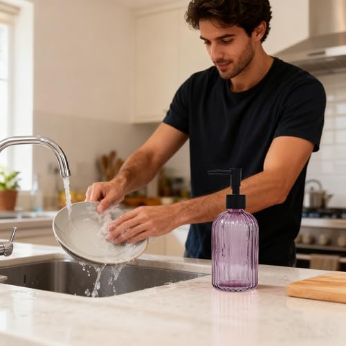 Black Pump Glass Soap Dispenser, 13.5oz Purple Stripe Countertop Refillable Liquid Bottle Hand Dish Lotion Dispenser with Plastic Pump, for Kitchen, Bathroom Countertop - color: Purple
