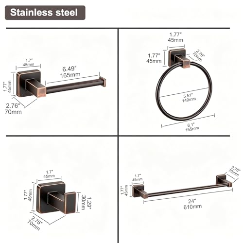 Bathroom Hardware Set 4 Pieces,Stainless Steel Oil Rubbed Bronze Towel Bar Set, Includes 24In Towel Bar, Towel Ring, Robe Towel Hooks,Toilet Paper Holder, Bathroom Towel Rack Set - color: Oil Rubbed Bronze, size: 24Inch