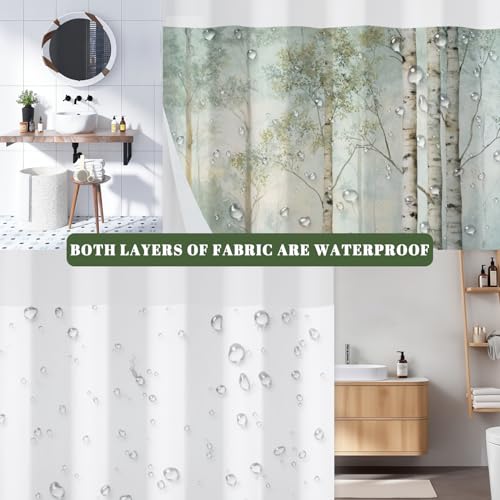 No Hook Shower Curtain and Liner Set, Watercolor Birch Tree Forest Print Shower Curtains for Modern Farmhouse Spa Bathroom, Misty Woodland Bath Curtain with Mesh Top, 71x74 Inch - color: Birch Trees