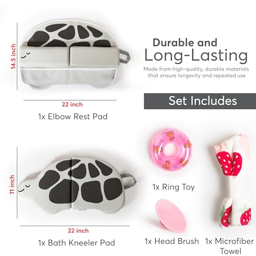 Comfortable Bath Kneeler and Elbow Rest Pad Set – 22'' Extra Long, 1.5'' Thick, Foldable, Non-Slip, with Toy Organizer Pockets, Quick Drying – Grey (Turtle Shape)
