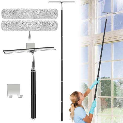 Max 62'' Metal Squeegee with Extension Pole for Window, Glass Door, Mirror,12'' Wide Telescopic Shower Squeegee Cleaner With Long Handle for Cleaning Tile Wall, Floor, Car, Bathroom,Screen, Windshield
