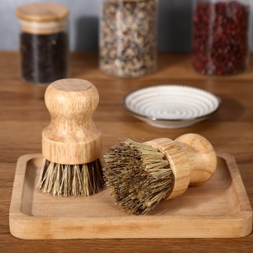 Nuenen 6 Packs Bamboo Dish Scrub Brushes Wooden Scrubbers Set Kitchen Dishwashing Scrubber with Natural Sisal Bristles for Iron Pot Pan Sink(Sisal) - size: Coconut Palm