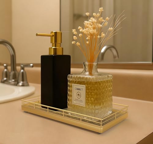 Bathroom Vanity Tray for Countertop, 12" x 6" Oak Wood Toilet Tank Tray | Metal Guardrail, Bathroom Organizer for Soap, Perfume & Skincare, Non-Slip Decorative Tray for Dresser & Vanity, Gold - color: All Golden, size: 12" x 6" x 1.5"