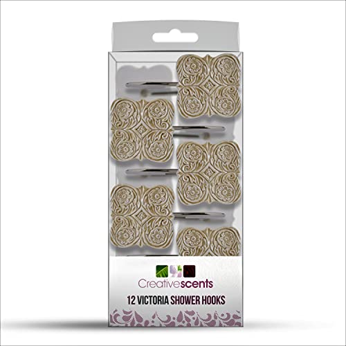 Creative Scents Victoria Set of 12 Shower Curtain Hooks Rings for Bathroom | Beige Bathroom Accessories Decor - style: Shower Curtain Hooks