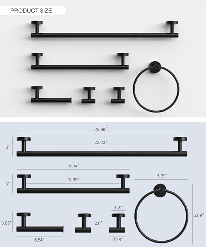 Matte Black Bathroom Hardware Accessories Set 6 Pcs Round Towel Rack and Toilet Paper Holder Set SUS304 Stainless Steel Towel Bar Set Wall Mounted by HOMEMYSTIQUE - color: Matte Black, size: 6 Pieces