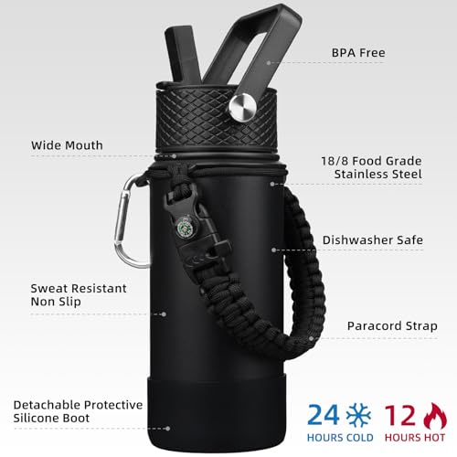BJPKPK Water Bottle with Straw Lid, 18oz Insulated Water Bottles with 3 Lids, Paracord Handle & Non-slip Boot, Metal Stainless Steel Thermal Flasks, BPA Free Leak Proof Cups, Tumblers,Black - color: Black, size: 18 Ounces
