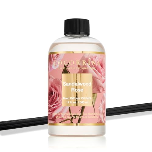 Cocorrína Reed Diffuser Refill Sandalwood Rose 17oz (500ml) with 8 Sticks - Premium Long-Lasting Floral Essential Oil, Home Fragrance for Bedroom, Bathroom Home Decor - size: 17 Fl Oz (Pack of 1)