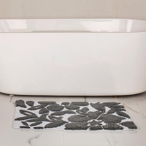 voyzz home Luxury 100% Cotton Spring Flower Bathroom Rug Mat, Extra Soft Thick Absorbent Tufted Bath Rugs, Machine Washable Plush Bath Mat for Bathroom, Shower, and Tub (20''x32'', Grey Leaf)… - color: Grey Flower Single 20x32