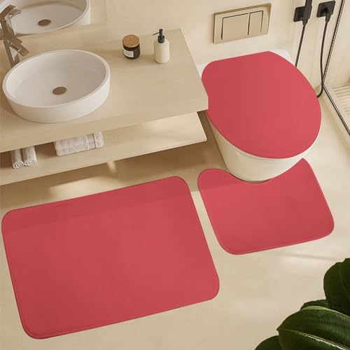 Bathroom Rugs Set 3 Piece Elegant Simple Hot Red Bath Rug Mat Set, Non Slip Absorbent Bathroom Decor Mat, Toilet Lid Cover & U Shaped Contour Rug - color: Hot Red, size: 1'8" x 2'6" (Rectangular)