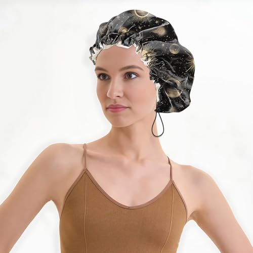 Luxury Shower Cap Satin Lined Reusable Waterproof Double Layer Elastic Adjustable Hair Bath Cap Cute Aesthetic Women Girls-Moon - color: F7-Moon