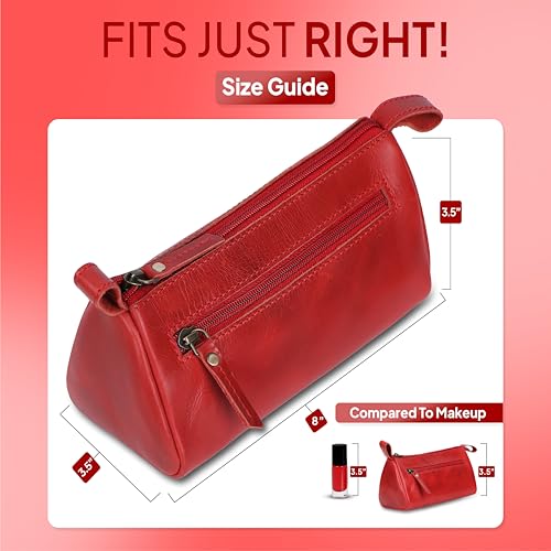 Leather Makeup Bag for Women – Genuine Leather Cosmetic Bag Travel, Handmade Zippered Makeup Pouch, Small Toiletry Bag, Shaving Kit & Stationery Organizer- Red - color: Red