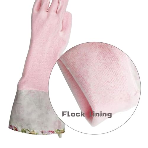 KINGFINGER 2 Pairs Latex-Free Reusable Dishwashing Gloves,PVC Waterproof Long Cuff and Flock Lining Household Cleaning Gloves,for Kitchen & Bathroom Cleaning, Large - color: Purple+pink