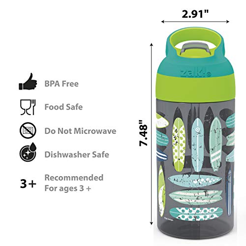 Zak Designs 16oz Riverside Beach Life Kids Water Bottle with Straw and Built in Carrying Loop Made of Durable Plastic, Leak-Proof Design for Travel, 2PK Set - color: Beach Life and Surfing Boards