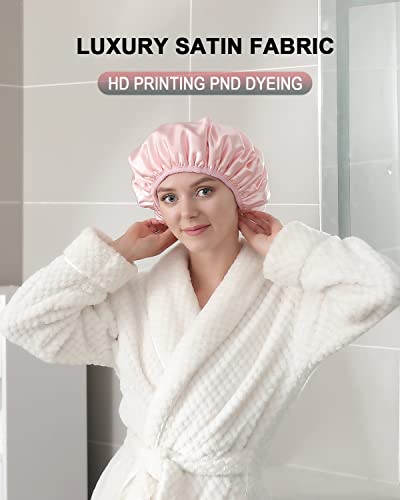 YIZIJIZI Terry Lined Shower Cap,Triple Layer Large Cap for Women,Shower Cap Reusable Waterproof,Long Thick Hair(Pink) - color: Pale pink