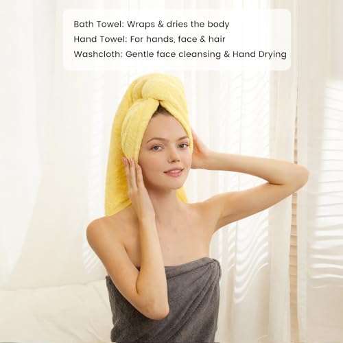 8-Piece Cotton Bath Towel Set with Hanging Loops for Bathroom, Yellow&Gray | Complete starter set for daily showers, sink-side use, small bathrooms, and guest baths, OEKO-TEX certified, easy care - color: B01: Yellow & Gray