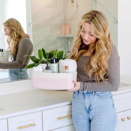 NaturalCozy 11.8"x8"x4.5” Rectangle Storage Baskets for Shelves 3 Pack | Cotton Rope Woven Small Baskets for Organizing | Small Storage Bins for Nursery, Bathroom, Closet, Shelf, Decorative, Gift - color: Off White & Mixed Pink, size: 11.8" x 8" x 4.5"