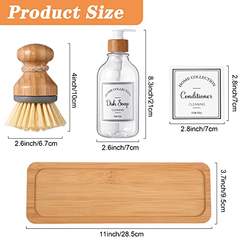 Zopeal 4 Pcs 16 oz Kitchen Soap Dispenser Set with Bamboo Tray and Dish Brush Plastic Soap Dispenser Set with Waterproof Labels for Hand Dish Lotion(Transparent) - color: Transparent