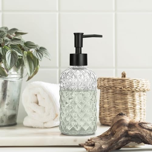 1 Pack 13.5oz Glass Soap Dispenser with Plastic Pump, Diamond Design Refillable Hand Soap Dispenser for Hand Wash, Bathroom and Kitchen (Clear) - color: Clear Transparent