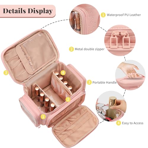 Bagmoly Large Makeup Bag, Portable Travel Makeup Bag Organizer for Women Girls with Makeup Brush Compartment & Two Side Pockets, Cosmetic Travel Bag Vertical Storage Toiletry - Pink - color: 03-Pink, size: Medium