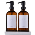 MaisoNovo Soap and Lotion Dispenser Set - Bathroom Soap Dispenser Set with Amber Glass Soap Dispenser, Black Pumps & Ceramic Tray - color: Amber Bottles/ Black Pumps/ White Ceramic Tray