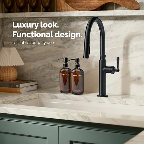 Vine Creations Amber Glass Soap Dispenser Set, Dish Soap and Hand Soap Dispenser Set with Stainless Steel Pump, 16 oz Glass Dispensers for Kitchen or Bathroom Decor (Amber Bottle/Matte Black Pump) - color: Amber Bottle / Matte Black Pump