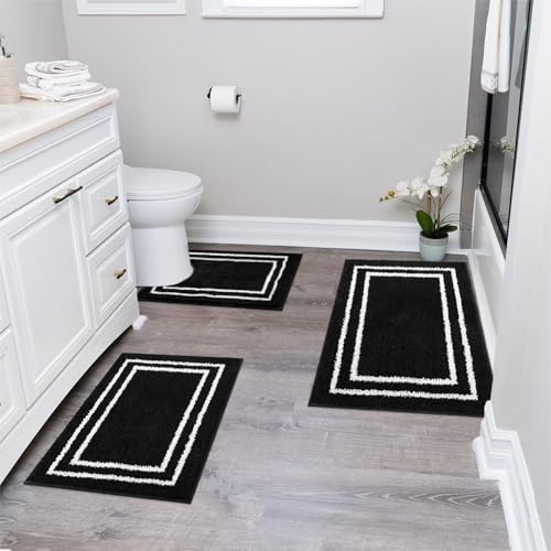 Uphome Bathroom Rugs Sets 3 Piece, Modern Black and White Bathroom Mat Set Non Slip Machine Washable, Soft Absorbent Bath Mat Set with U Shaped Toliet for Tub, Shower - color: Black, size: 18 x 25 + 20 x 31 + U-Shape 20 x 24 inch