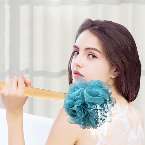 Teal Loofah with Handle - Back Scrubber Shower Sponge, Vibrant Exfoliating Luffa with PE Mesh and Wood Handle, Refreshing Bath Experience for Men and Women - color: Cyan-blue