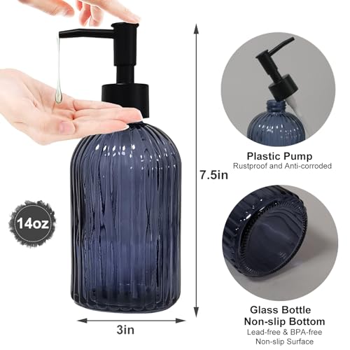 Glass Soap Dispenser with Black Plastic Pump, 13.5oz Refillable Hand Soap Dispenser for Kitchen, Bathroom, Great for Lotions, Essential Oil, Liquid Soap(Grayish Blue) - color: Grayish Blue