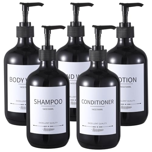Stylish Shampoo Dispenser Bottles,(5Pack) 16.9oz Black Shampoo Bottles Refillable with Pump,Shampoo and Conditioner Dispenser - color: Black-w