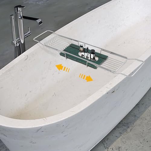 Expandable Bathtub Tray, Stainless Steel Bath Table Tray with Marble Board, Modern Luxury Bathtub Shelf for Bathrooms, Kitchen Sink (Silver + Green) - color: Silver + Green