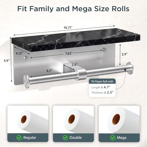 FORIOUS Double Toilet Paper Holder with Shelf, Wall Mount Tissue Roll Holder for Bathroom, 304 Stainless Steel Commercial Toilet Tissue Dispensers with Phone Shelf (1, Stainless Steel-Marble) - color: Stainless Steel-marble